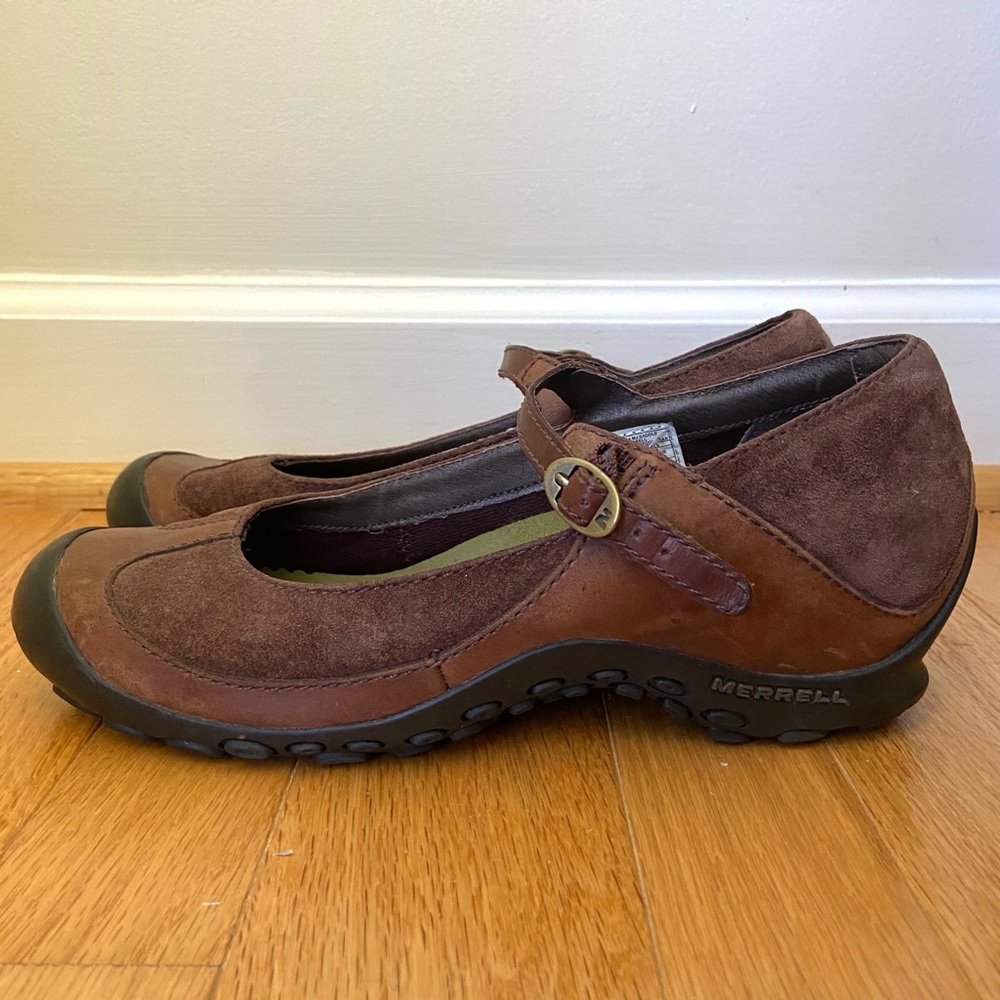 MERRELL Plaza MJ Mary Jane Wedge Shoes Size 8.5 Saddle Brown Leather Gorpcore